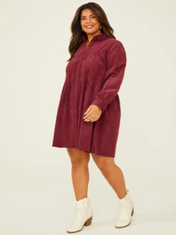 Ella Corduroy Dress -ChicAura Store 004194 SD2135PL BURGUNDY 02